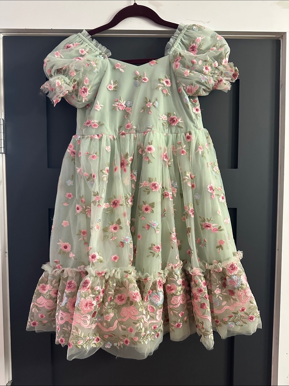 JessaKae Sage Green Tulle Dress with Pink Floral Embroidery